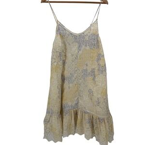 Rachel Zoe Yellow Grey Paisley Medallion Smocked Mini Sundress L Boho Beach